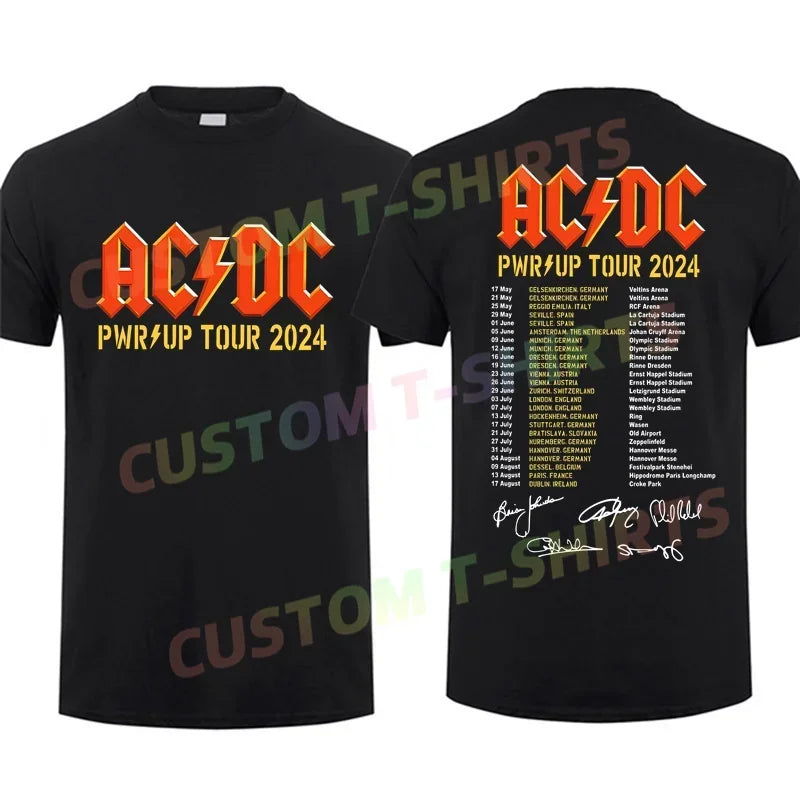 2024 Men T Shirt Casual AC Pwr Up World Tour 2024 DC Signature Rock Band T-shirt Graphic Summer Short Sleeves 100% Cotton S-3XL