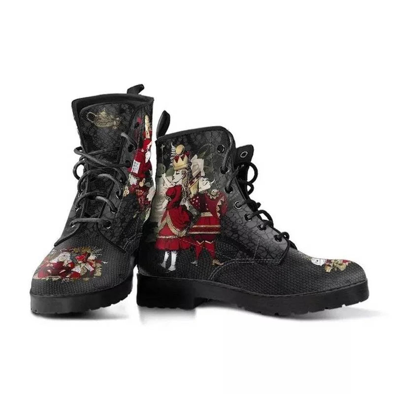 Women Ankle Boots Low Heels Shoes Woman Vintage PU Leather Autumn Warm Winter High Snow Boots 2022 Skull Flower Print Boots