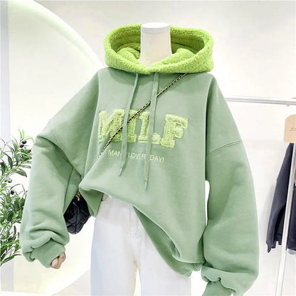 Fashion Patchwork Oversize Sweatshirt Women Winter Casual Loose Cotton Thick Letter Long Sleeve Hoodies Female Streetwear