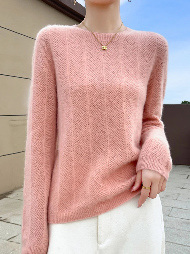 Women’s 100% Merino Wool Sweater Pullovers Hollow Out O-neck Cashmere Autumn Winter Long Sleeve Solid Grace Fashion Clothing Top