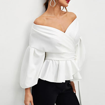 Fashion Elegant White Blouses Shirt Women's Sexy Off Shoulder V Neck Party Clothes For Women Lantern Sleeves Lace Up Slim Tops