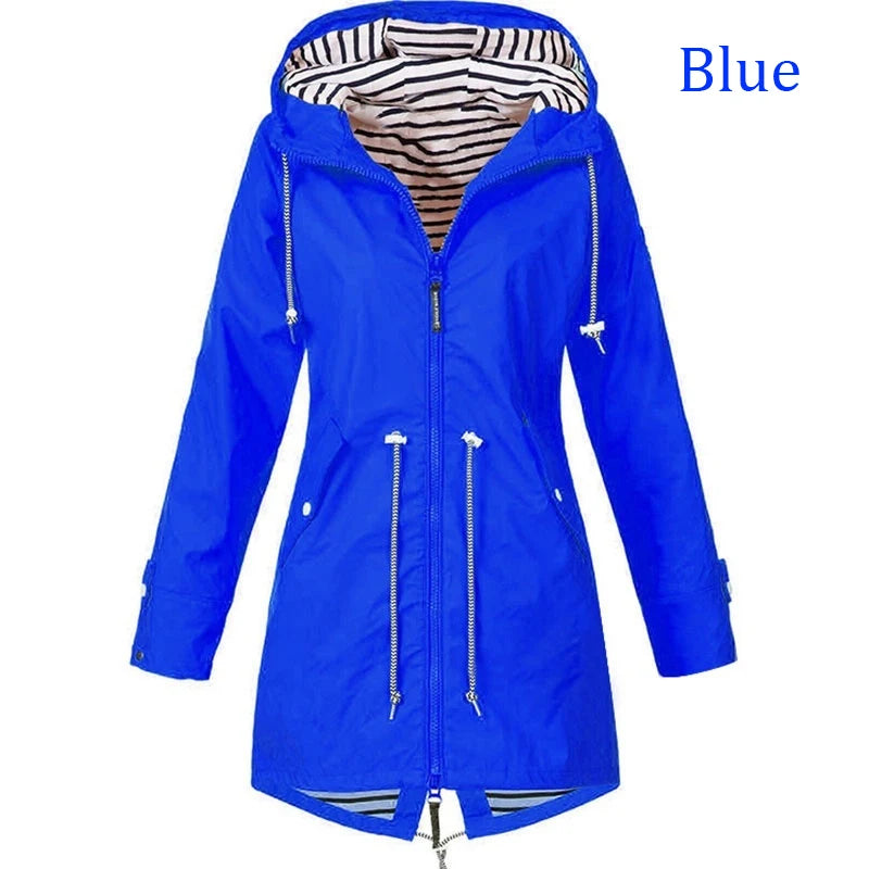 Fashionable women's windproof and waterproof trench coat Long sleeved coat Casual pants Zipper hooded raincoat S~5XL