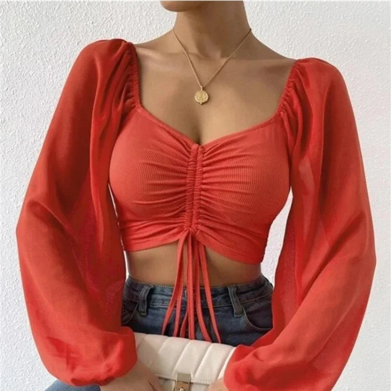 Sexy Women Mesh Lantern Sleeves Drawstring Wrap Chest Bare Midriff T Shirt Women Long Sleeves Bottoming