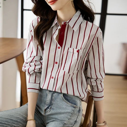 Shirts for Women New Slim Women's Clothing Fashion Polo-Neck Striped Womens Tops Long Sleeved Blouse Women OL Autumn Women Shirt