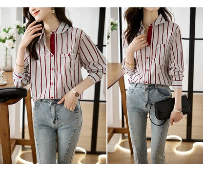 Shirts for Women New Slim Women's Clothing Fashion Polo-Neck Striped Womens Tops Long Sleeved Blouse Women OL Autumn Women Shirt