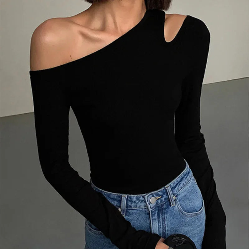 Fashion Skew Collar Off-shoulder Long-sleeved T-shirts Women Spring New Solid Slim Fit Crop Top Sexy Hollow Out Tees Shirts