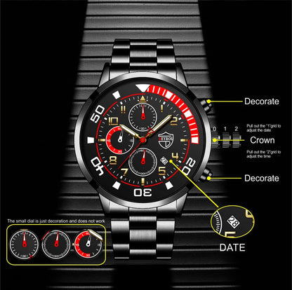 3PCS Set Fashion Mens Calendar Watches Male Casual Stainless Steel Quartz Watch Men Necklace Bracelet Wristwatch Reloj Hombre