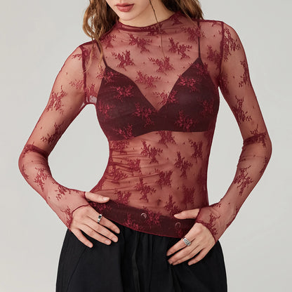 Sexy Lace Tops See Through Mesh Long Sleeve Crop Top Floral Sheer Fitted Tees Y2k Women Top Shirt Blouse