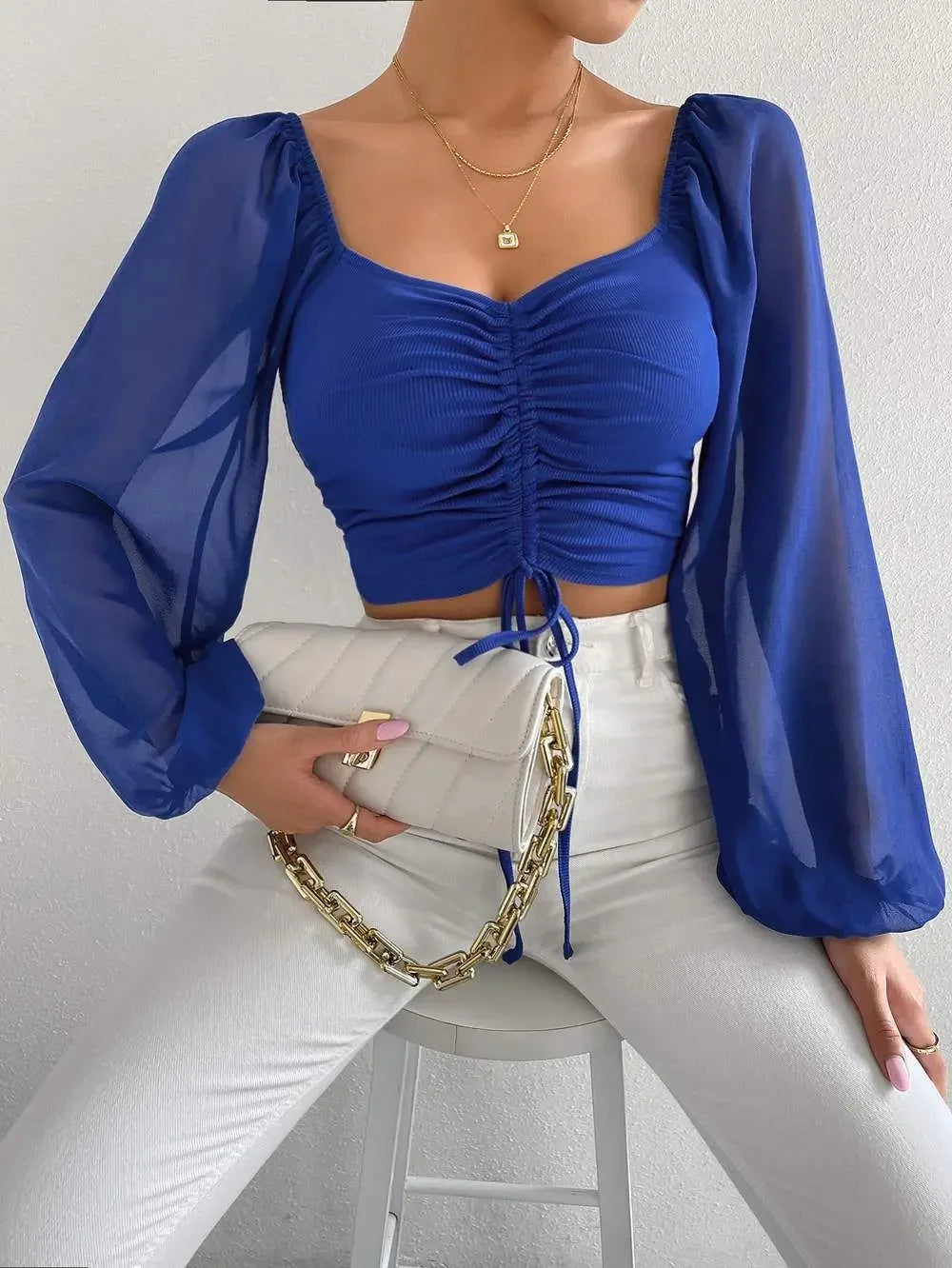 Sexy Women Mesh Lantern Sleeves Drawstring Wrap Chest Bare Midriff T Shirt Women Long Sleeves Bottoming