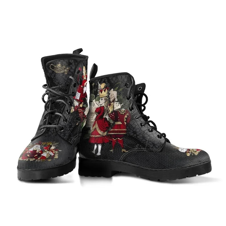 Women Ankle Boots Low Heels Shoes Woman Vintage PU Leather Autumn Warm Winter High Snow Boots 2022 Skull Flower Print Boots