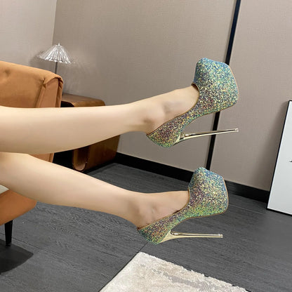 Aneikeh 2025 Sequined Cloth Platform Super High Heels WomenFashion Sexy Round Head Thin Heels Single Shoes Party Wedding Mules