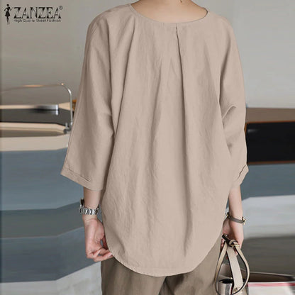 ZANZEA Spring Summer Women Blouse Casual 3/4 Sleeve O Neck Shirt Solid Baggy Tunic Tops Vintage OL Work Blusas Femme Chemise