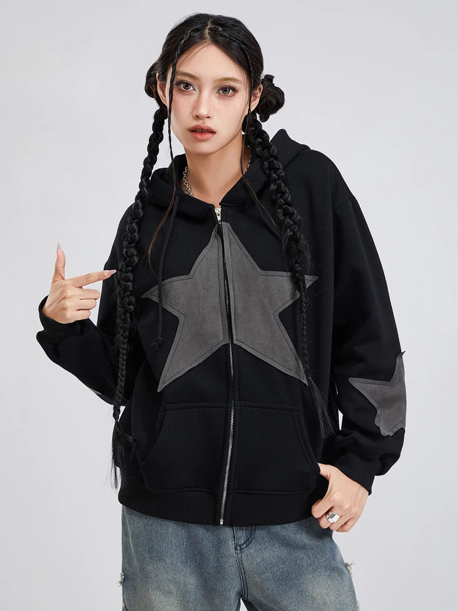 Y2K Vintage Star Print Hooded Hoodie for Women Casual Loose Long Sleeve Zip Up Drawstring Sweatshirts Autumn Spring Coat Street