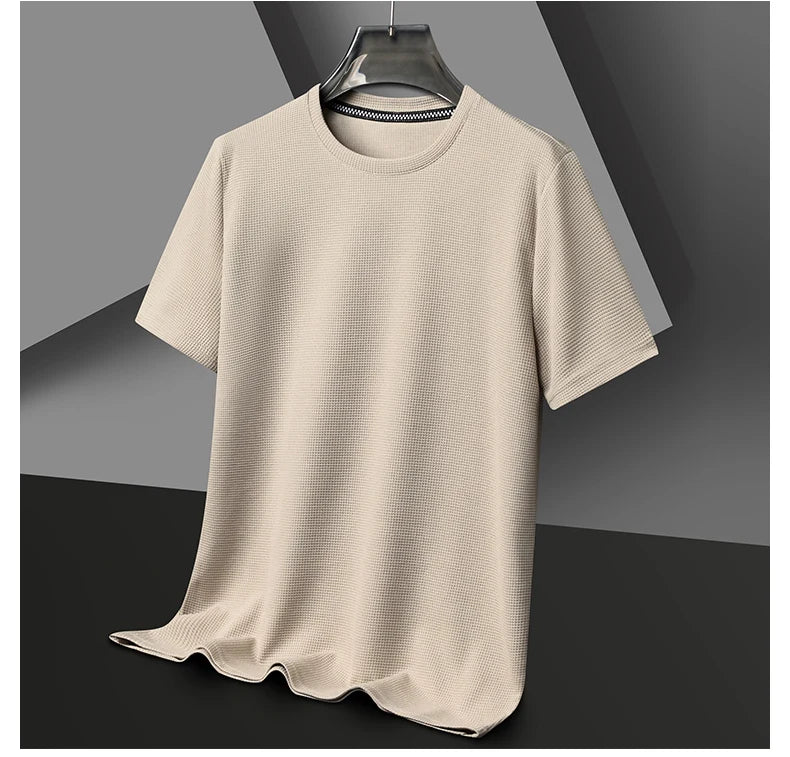 Short sleeved Polo shirShort sleeved Waffle Solid Polot fashion splicing men's round neck top cotton daily short sleeved T-shirt