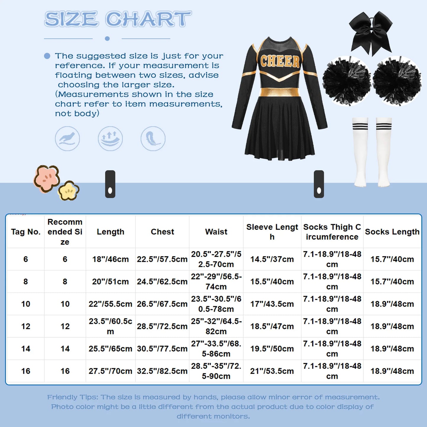 Kids Girls Cheerleader Costume Halloween Cheerleading Dress with Pom Poms Bow Hair Clip Socks Birthday Party Gifts