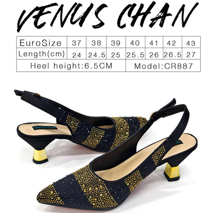 Venus Chan Italian Design Rhinestone-encrusted Ladies Party Shoes And Special Bag High Heels And Dual Purpose Bag Women's Shoes