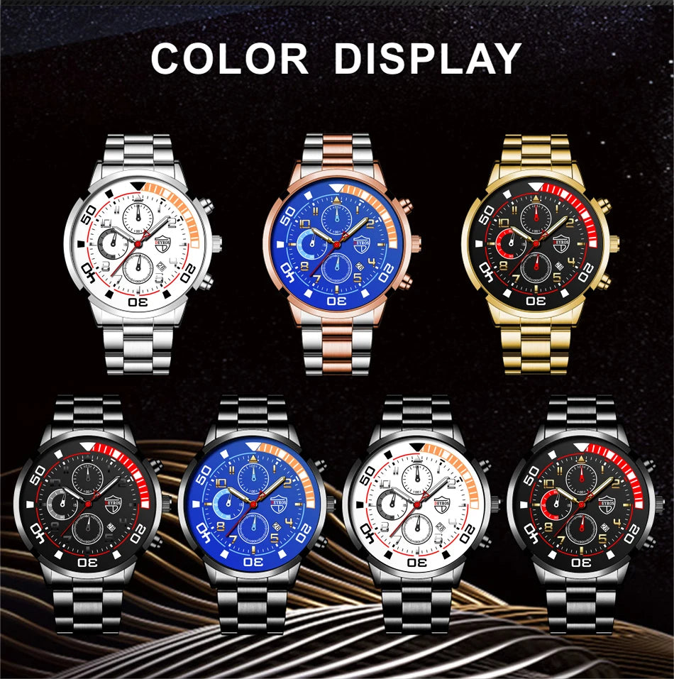 3PCS Set Fashion Mens Calendar Watches Male Casual Stainless Steel Quartz Watch Men Necklace Bracelet Wristwatch Reloj Hombre