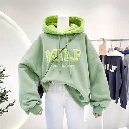 Fashion Patchwork Oversize Sweatshirt Women Winter Casual Loose Cotton Thick Letter Long Sleeve Hoodies Female Streetwear