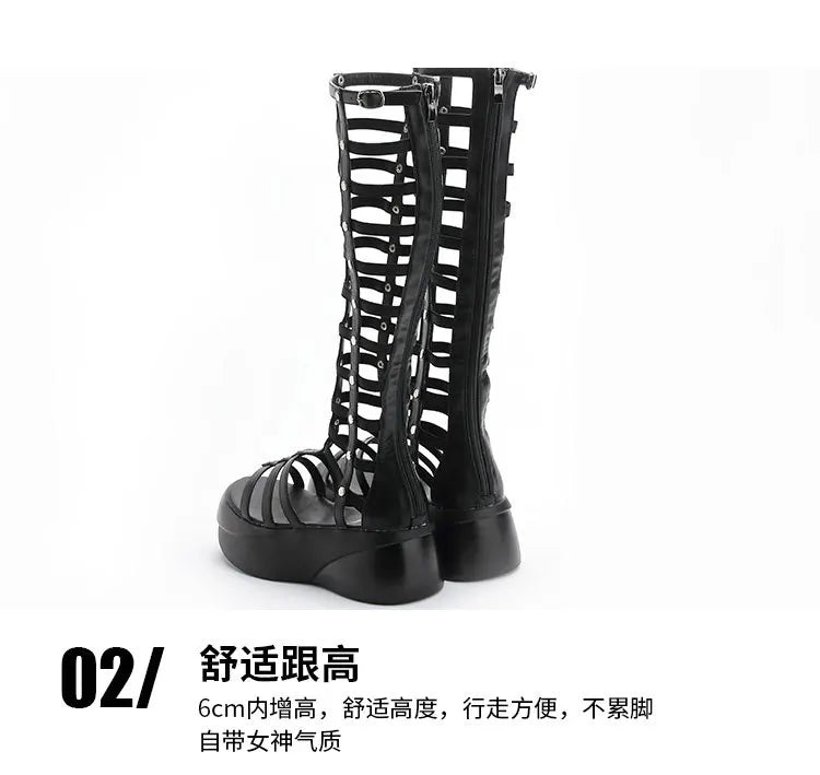 2022 Women's Summer Boots Women Shoes Fashion Cutout High Top Sandals Breathable Striped Roman Shoes Platform Boots Thigh High