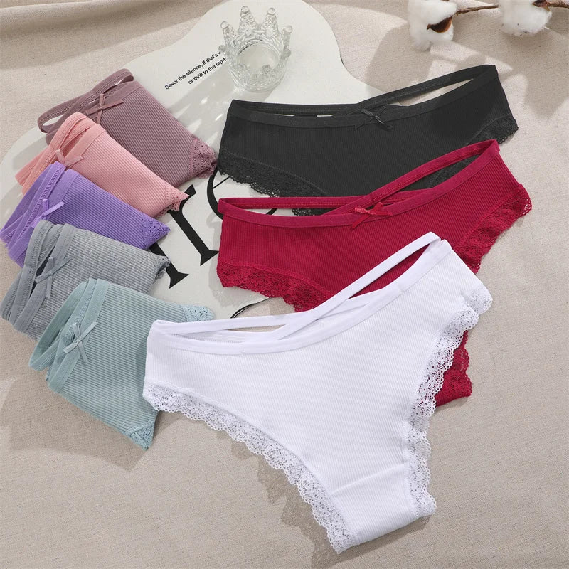 3PCS/Set Women Cotton Panties Sexy Low Rise Lace Brazilian Panties Hollow Out Soft Breathable Lingerie Female Bow Underwear S-XL