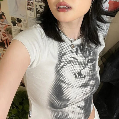 Harajuku Animal Print Crop Top Basic White Short Sleeve Crewneck T-shirt Women Casual Slim-fitting Tees Lady y2k Vintage