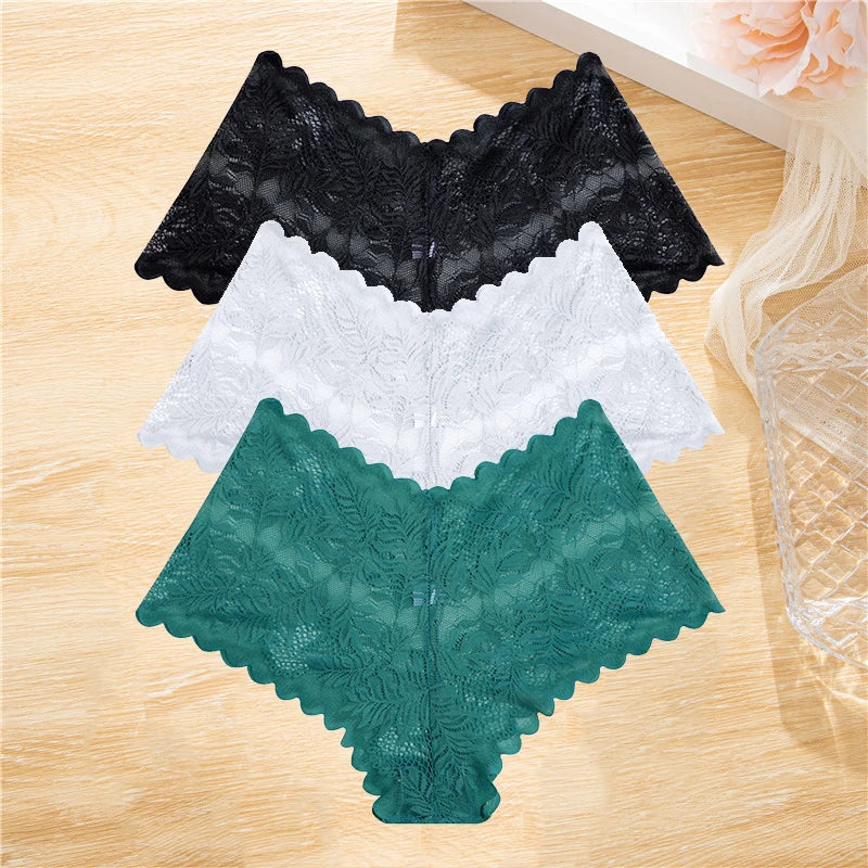 FINETOO 3Pcs/set Lace Boyshort Panties Women Low-Rise Floral Underwear S-XL Girls Sexy Panties Ladies Lace Underpants Lingerie