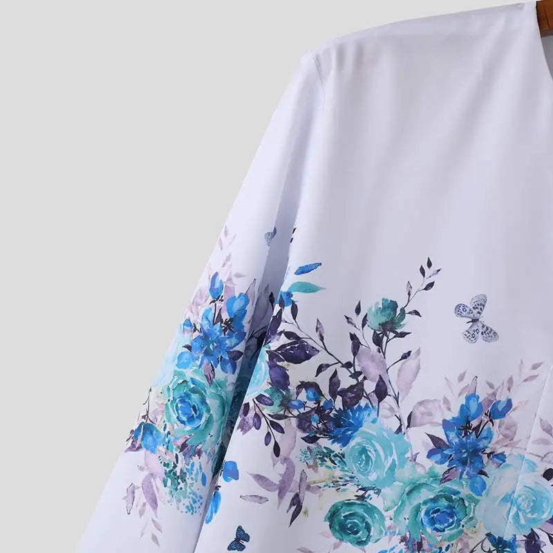 Men Shirt Floral Printing V Neck Long Sleeve Loose Streetwear Casual Men Clothing 2023 Fashion Leisure Camisas S-5XL INCERUN