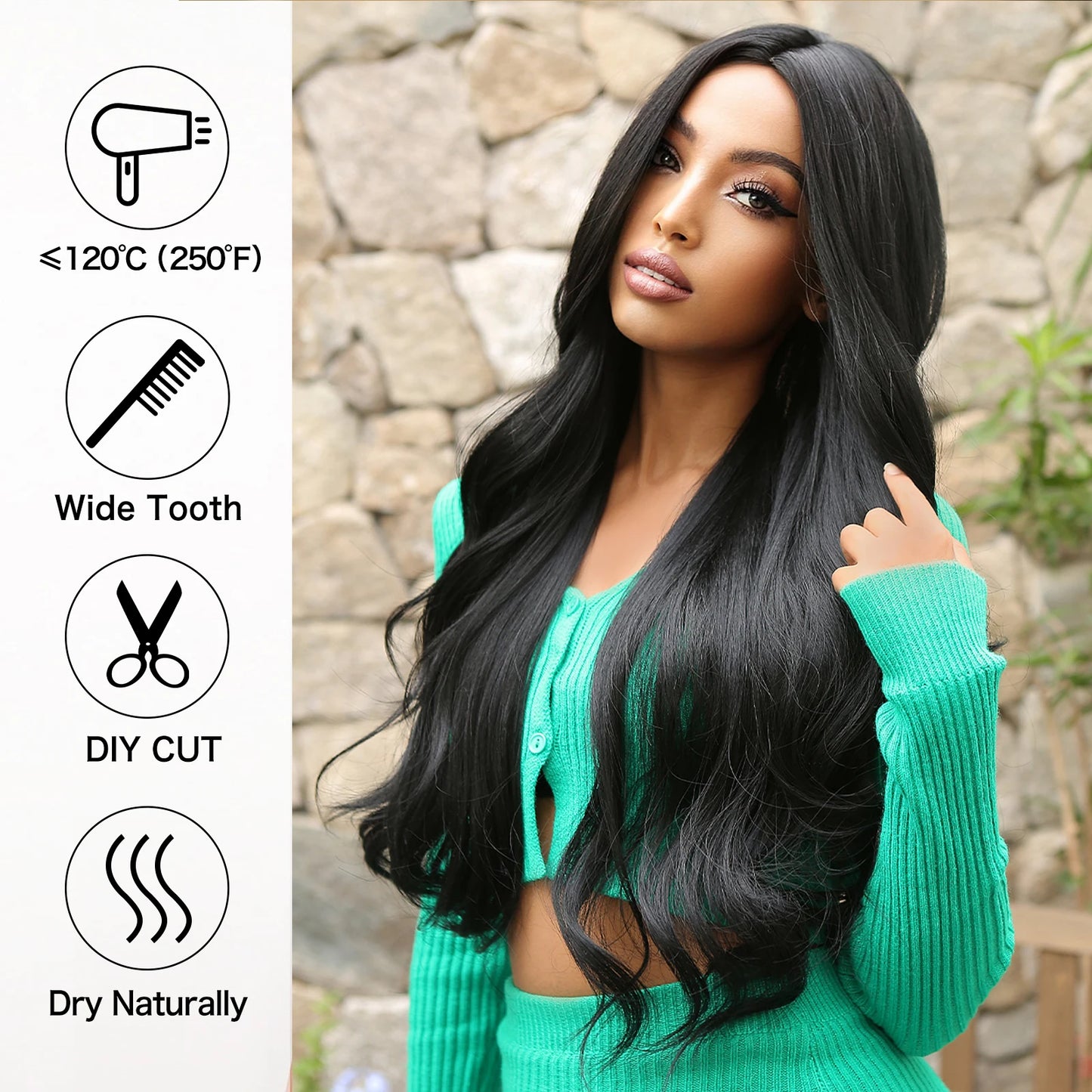 ALAN EATON Black Long Body Wavy Synthetic Wigs for Women Afro Natural Black Hair Wigs Middle Part Heat Resistant Fiber Daily Use