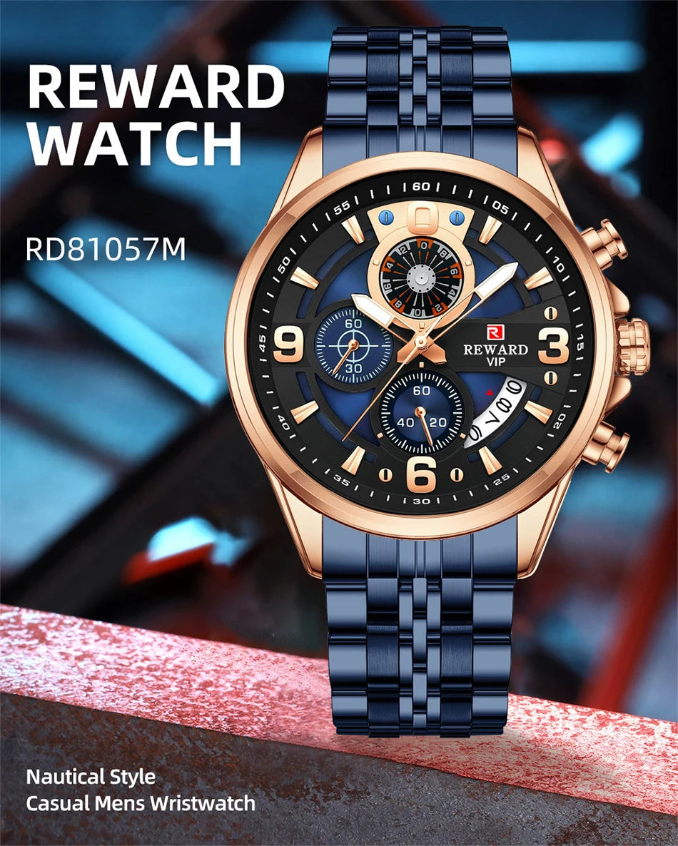 REWARD New Mens Watches Stainless Steel Luxury Waterproof Chronograph Luminous Wrist Watch Fashion Men Sports Quartz Watch