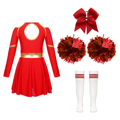 Kids Girls Cheerleader Costume Halloween Cheerleading Dress with Pom Poms Bow Hair Clip Socks Birthday Party Gifts