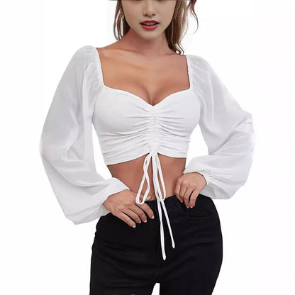 Sexy Women Mesh Lantern Sleeves Drawstring Wrap Chest Bare Midriff T Shirt Women Long Sleeves Bottoming