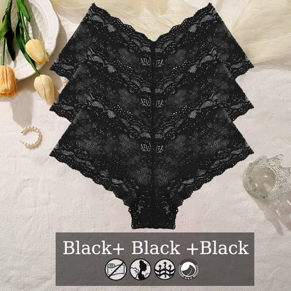 3PCS Women Floral Lace Panties Sexy Perspective Underwear V Waist Solid Color Underpants Female Breathable Intimates Lingerie