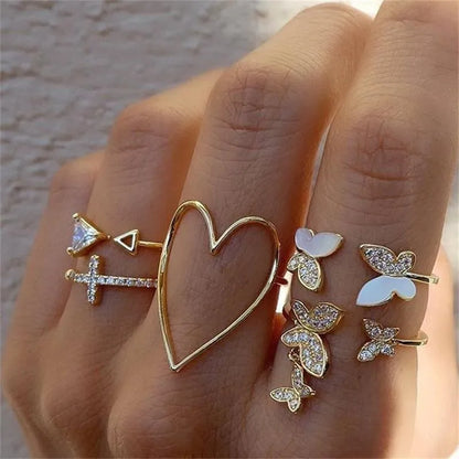 LETAPI 2024 New Fashion Bohemian Heart Ring Set For Women Crystal Stars Moon Flower Love Geometric Finger Vintage Jewelry Gifts