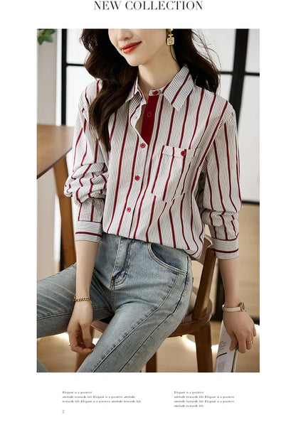 Shirts for Women New Slim Women's Clothing Fashion Polo-Neck Striped Womens Tops Long Sleeved Blouse Women OL Autumn Women Shirt