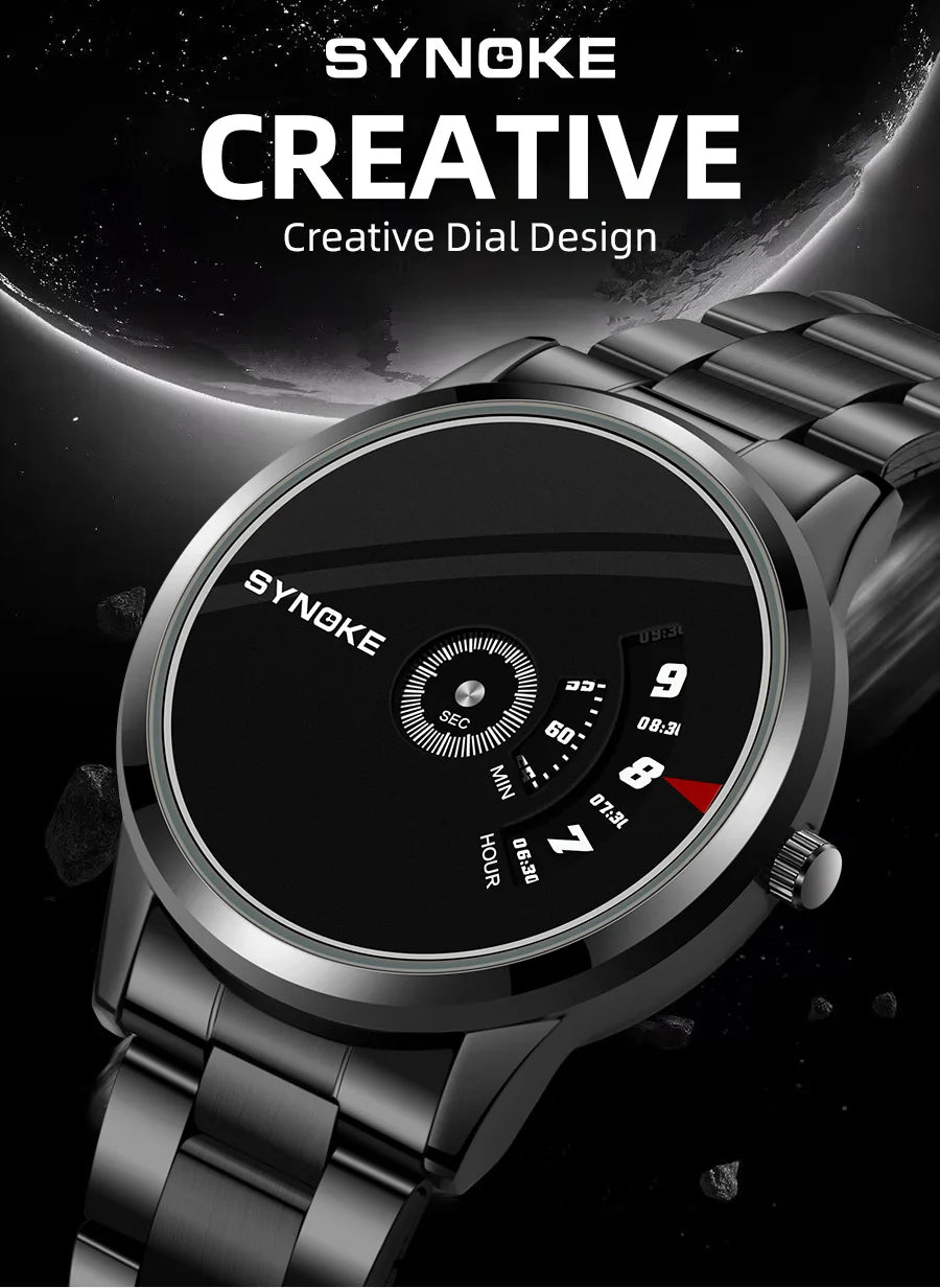 SYNOKE Quartz Watch Men Fashion Sports Waterproof Quartz Watch Student Steel Band Creative Calendar Dial Business