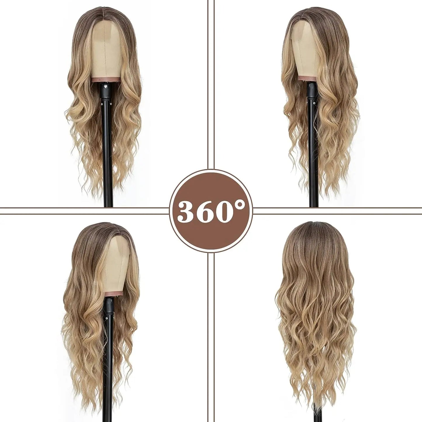 Synthetic Long Lace Ombre Blonde Wavy Wig for Women 26 Inch Middle Part Curly Natural Looking Heat Resistant Fiber for Daily