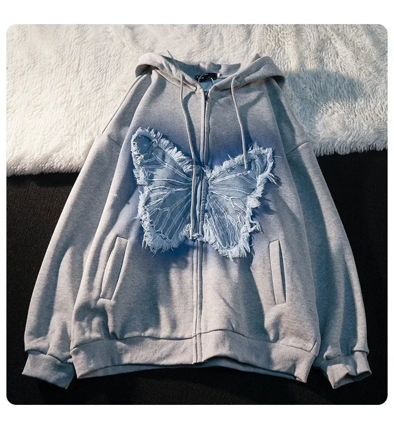 Street Popular Vintage Butterfly Patch Zipper Hoodies Women Y2K New Harajuku Casual Loose Sweatshirt Couple Fashion Joker Hoodie