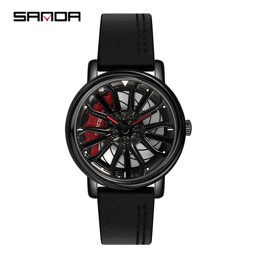 Sanda Hot Sell Fashion Sports Men WristWatch 360 Degree Rotating Car Wheel Quartz Watch Stainless Steel Waterproof Rim Hub Clock