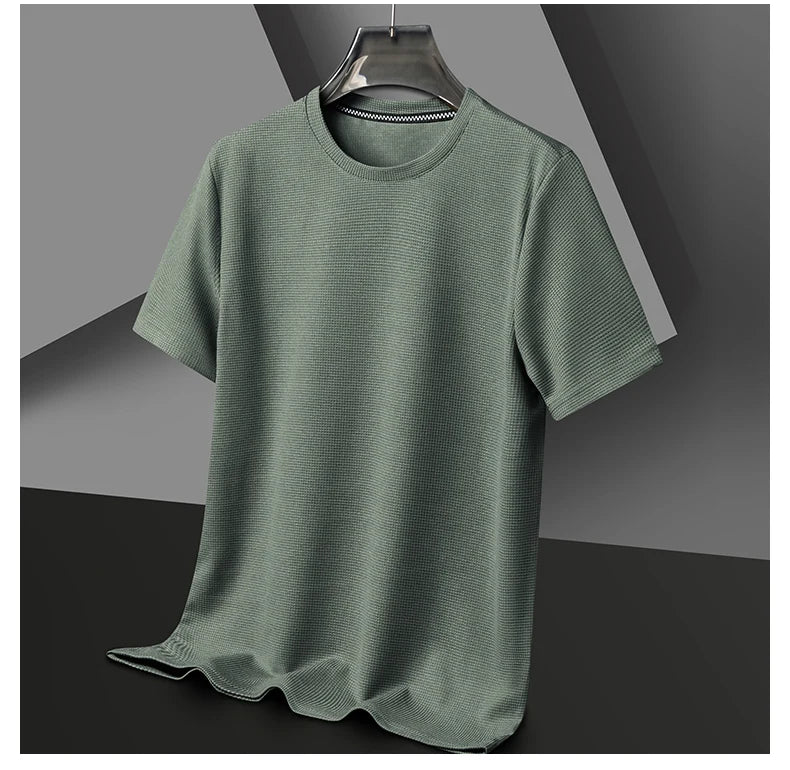 Short sleeved Polo shirShort sleeved Waffle Solid Polot fashion splicing men's round neck top cotton daily short sleeved T-shirt