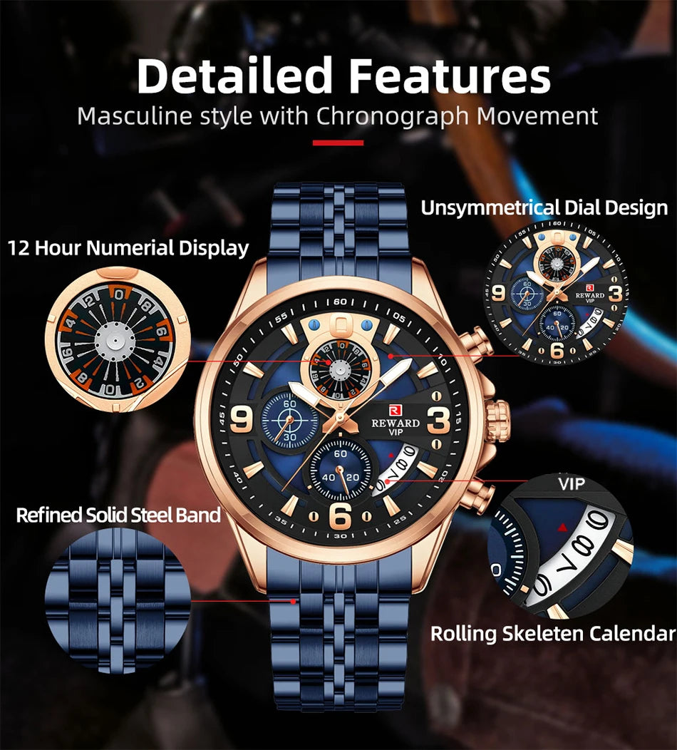 REWARD New Mens Watches Stainless Steel Luxury Waterproof Chronograph Luminous Wrist Watch Fashion Men Sports Quartz Watch