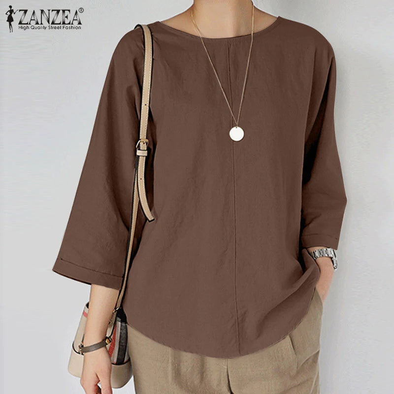 ZANZEA Spring Summer Women Blouse Casual 3/4 Sleeve O Neck Shirt Solid Baggy Tunic Tops Vintage OL Work Blusas Femme Chemise