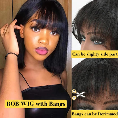 Short Bob Wig with Bangs Straight Human Hair Bob with Bangs Wig Human Hair 180% Density Straight Bang Bob Wig For Women