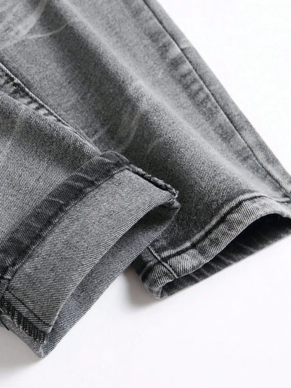 Men‘s Stretchy Denim Jeans Streetwear Tearing Patchwork Holes Ripped Denim Elastic Waist Casual Pants Slim fit Straight Trousers