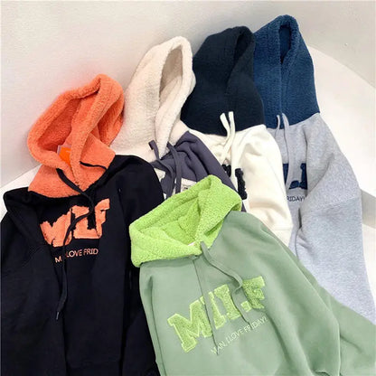 Fashion Patchwork Oversize Sweatshirt Women Winter Casual Loose Cotton Thick Letter Long Sleeve Hoodies Female Streetwear