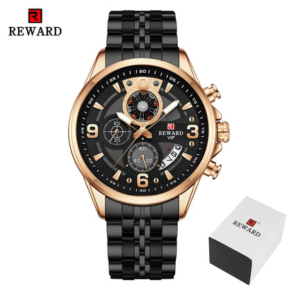 REWARD New Mens Watches Stainless Steel Luxury Waterproof Chronograph Luminous Wrist Watch Fashion Men Sports Quartz Watch