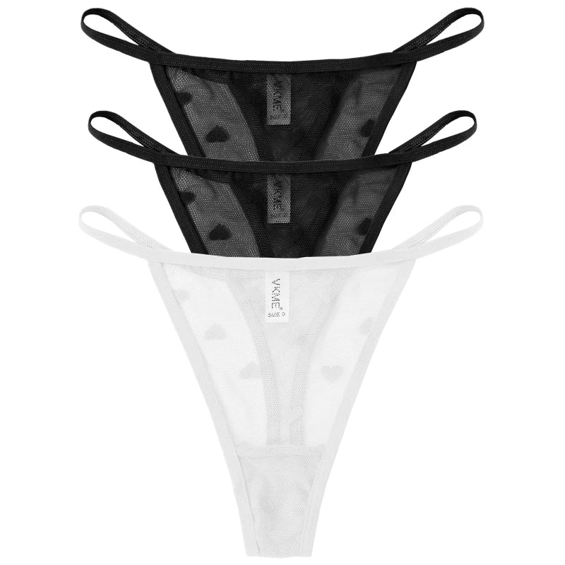 3PCS Lace Sheer Thong Panties Women's Sexy Low Waist Seamless Lingerie Heart See Through Mesh Underpants Intimates Lingerie