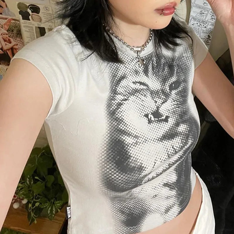 Harajuku Animal Print Crop Top Basic White Short Sleeve Crewneck T-shirt Women Casual Slim-fitting Tees Lady y2k Vintage