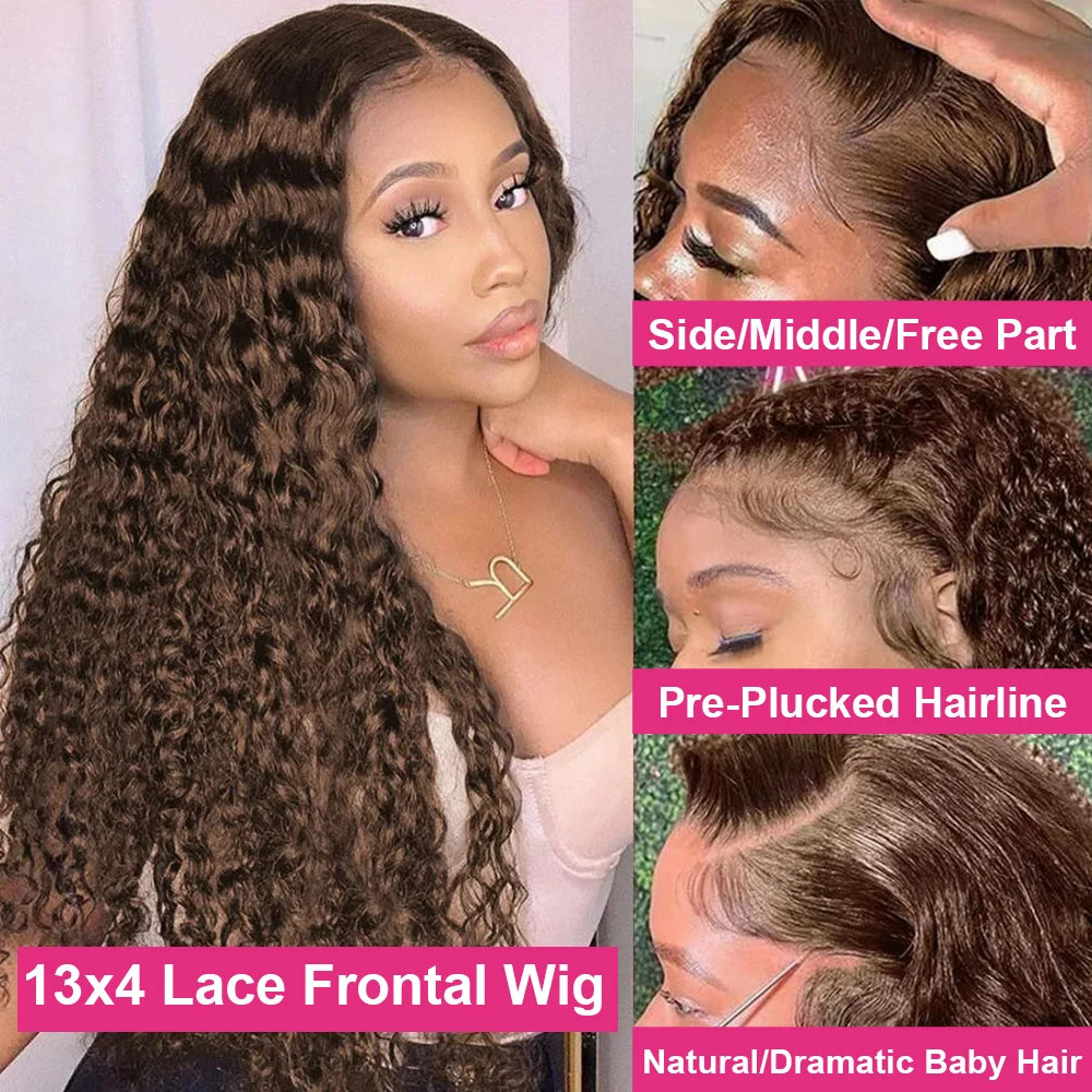 Deep Curly Wigs Human Hair Chocolate Brown 13x4 13x6 Hd Lace Frontal Wig Colored Water Wave Lace Front Wig for Women 30 36 Inch