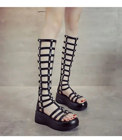 2022 Women's Summer Boots Women Shoes Fashion Cutout High Top Sandals Breathable Striped Roman Shoes Platform Boots Thigh High