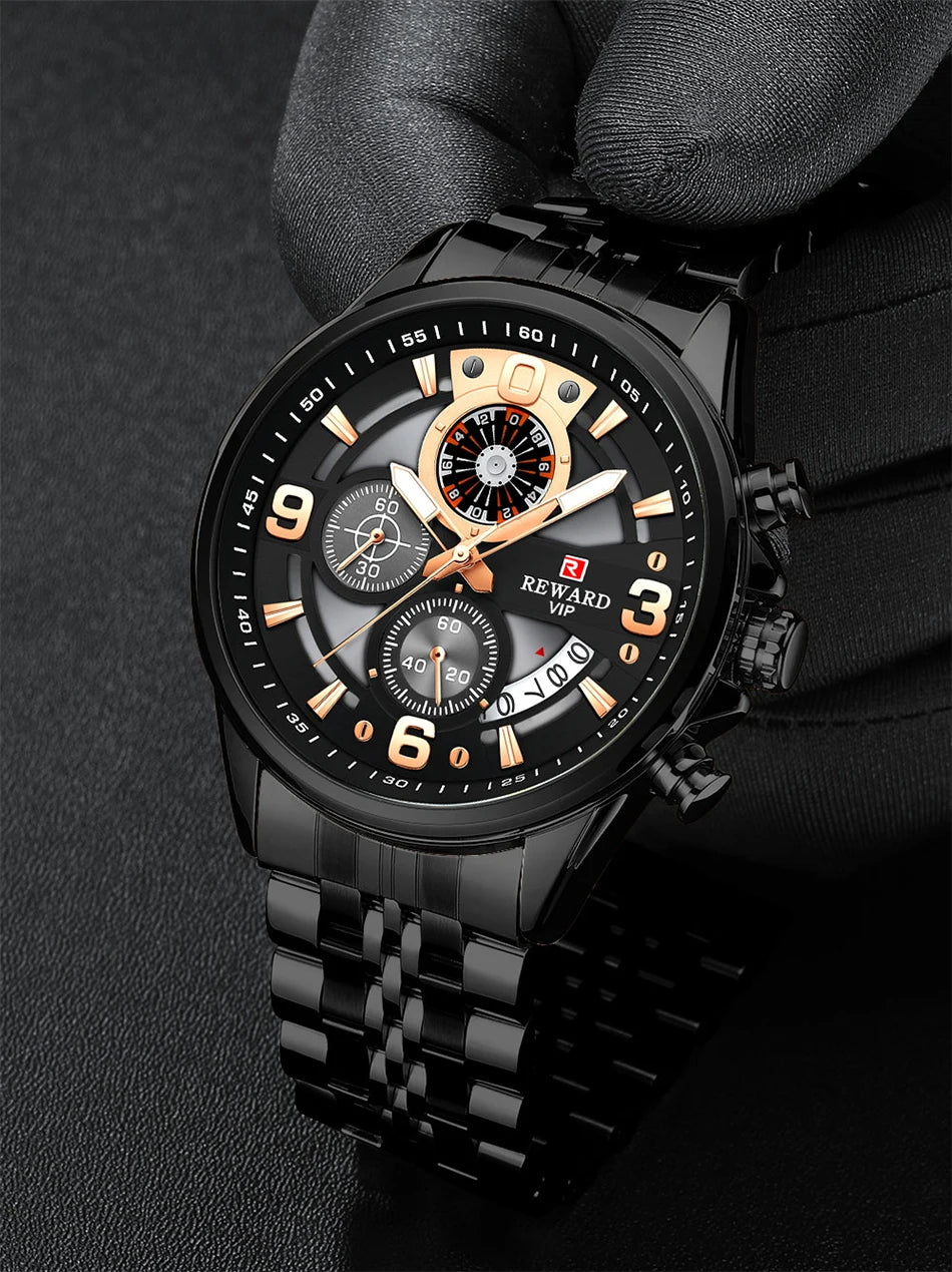 REWARD New Mens Watches Stainless Steel Luxury Waterproof Chronograph Luminous Wrist Watch Fashion Men Sports Quartz Watch